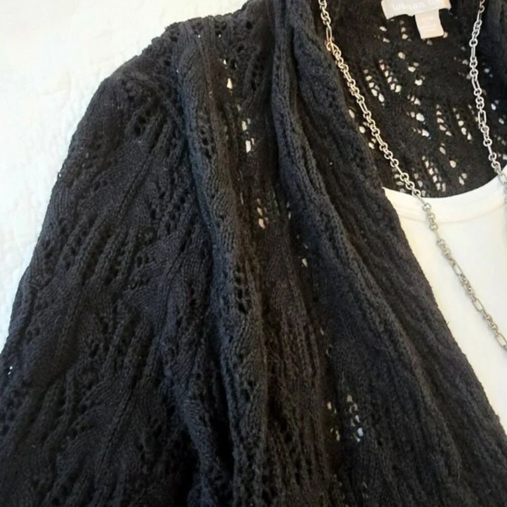 Woman Within Women's Open Front Cardigan Sweater Black Size 1X Long Flowy Knit - Picture 3 of 16